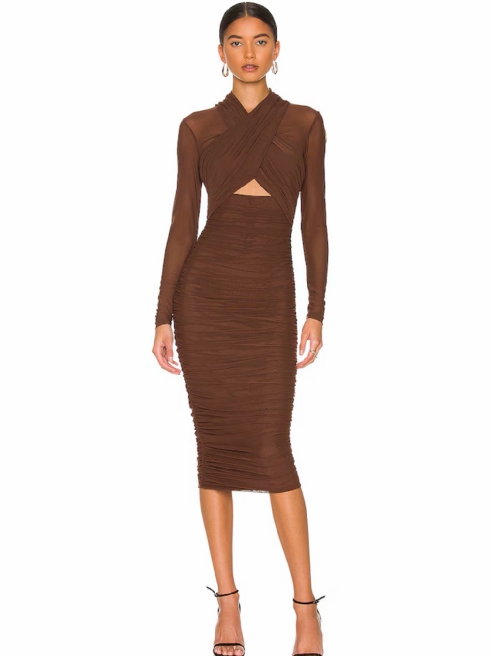Bardot Brown Long-Sleeve Ruched Midi Dress with Front Cutout